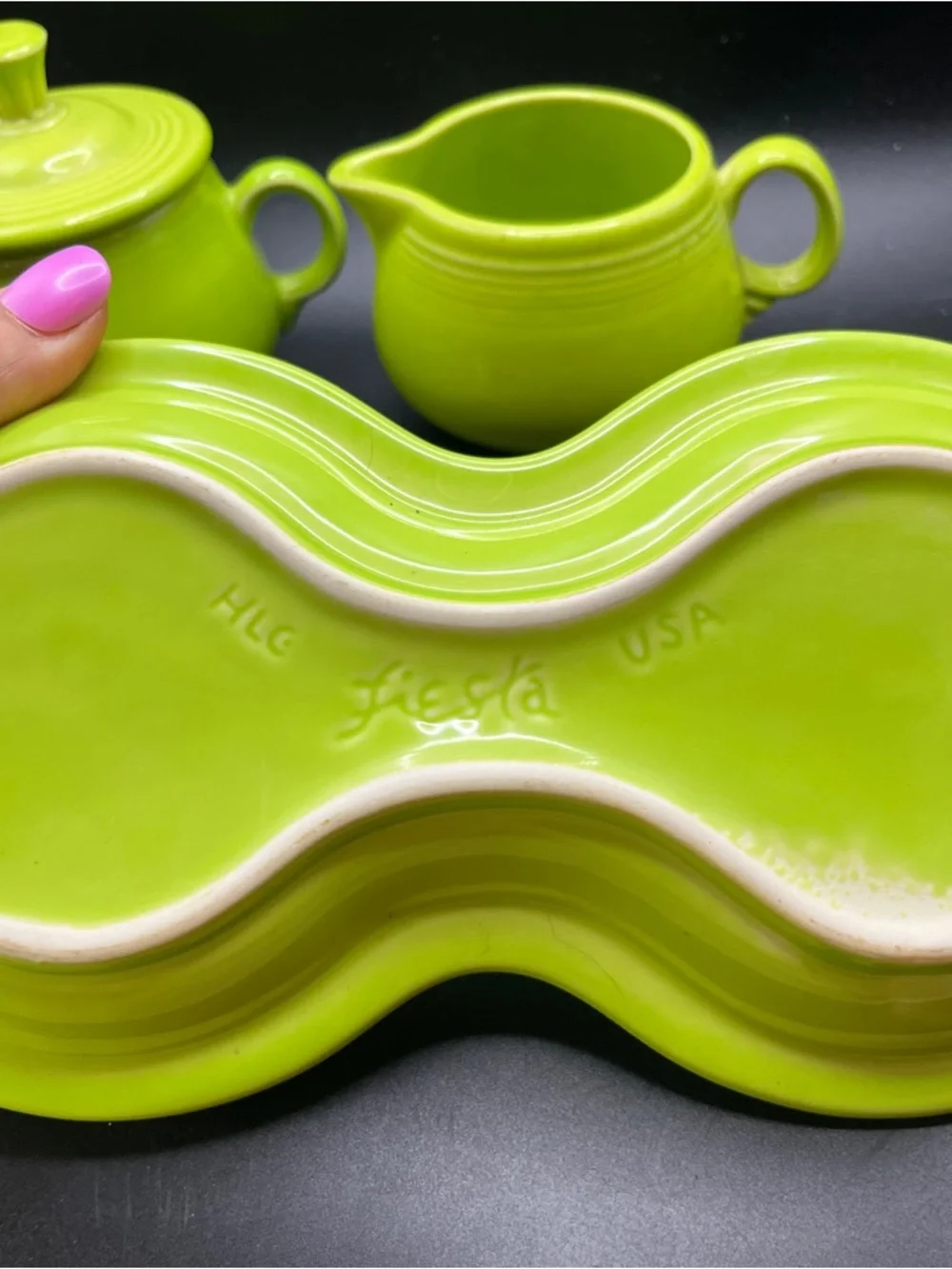 Retired Chartreuse Post 86 HLC Fiesta Creamer, Sugar with Lid and Figure 8 Tray